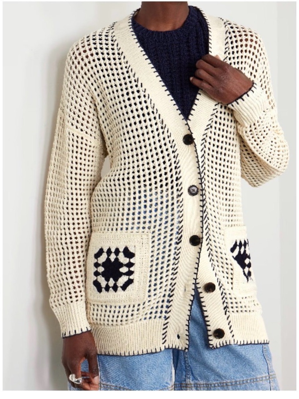 Frame ivory/ navy crochet cardigan Sz M
